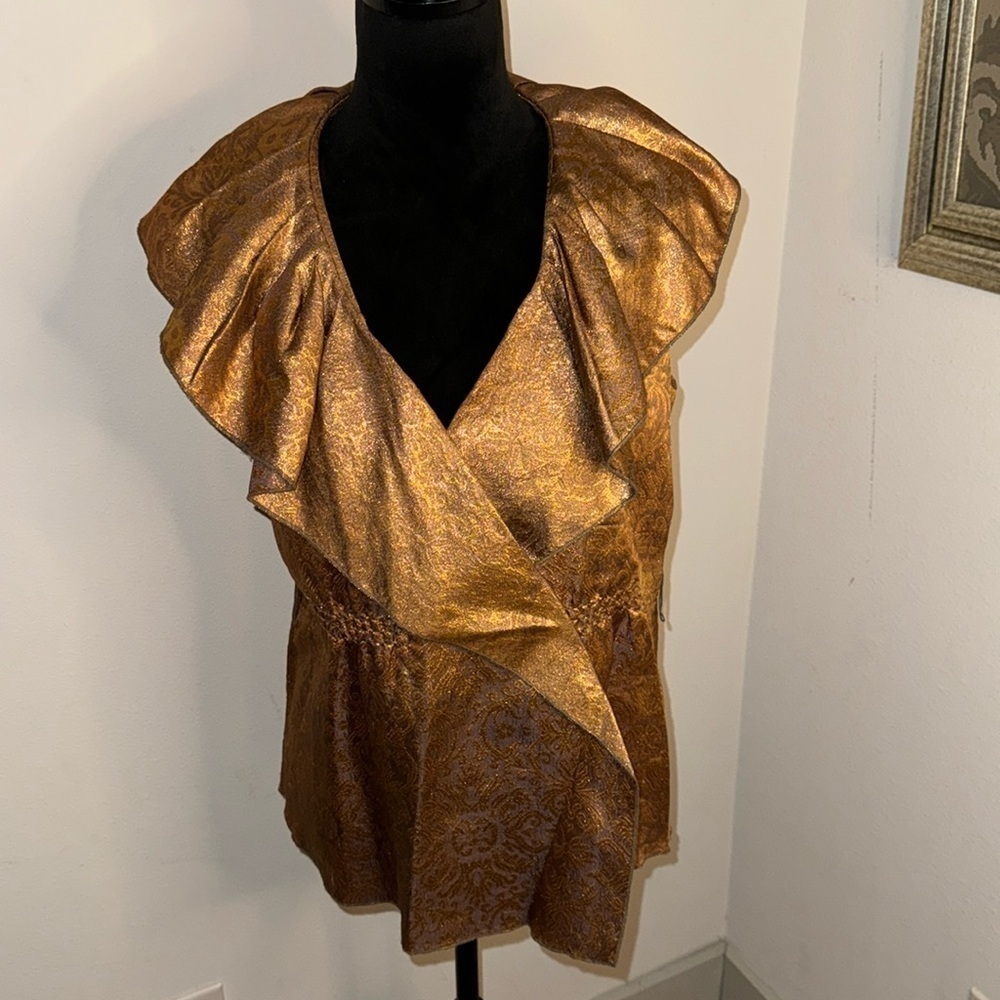 BCBGMAXAZRIA baroque metallic copper crossed front‎ ruffle top blouse Sz S